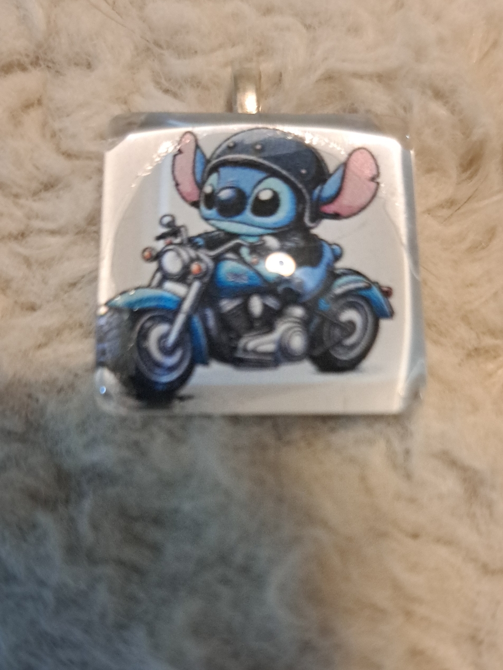 Hand Crafted Blue Motorcycle Kids Glass Tile Pendant Necklace